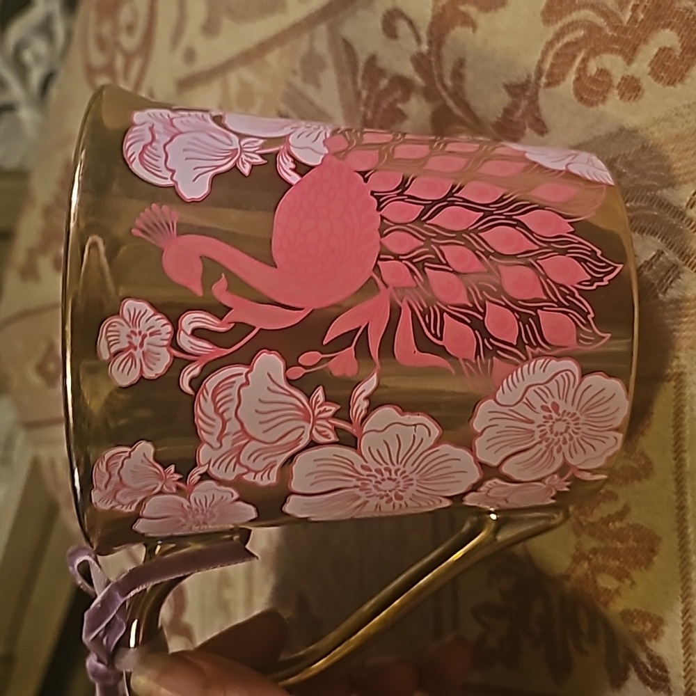 Gold Ceramic Pink Peacock Mug
